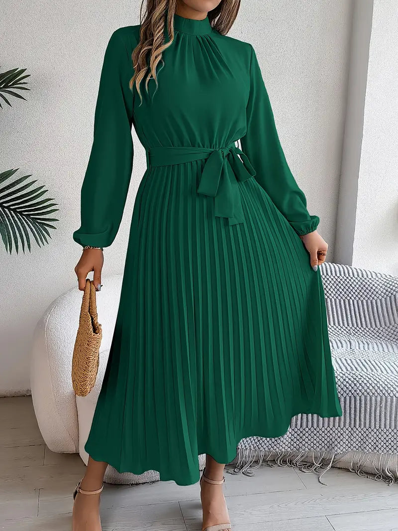 Cameline - Geplooide midi jurk met lange mouwen en ceintuur dames