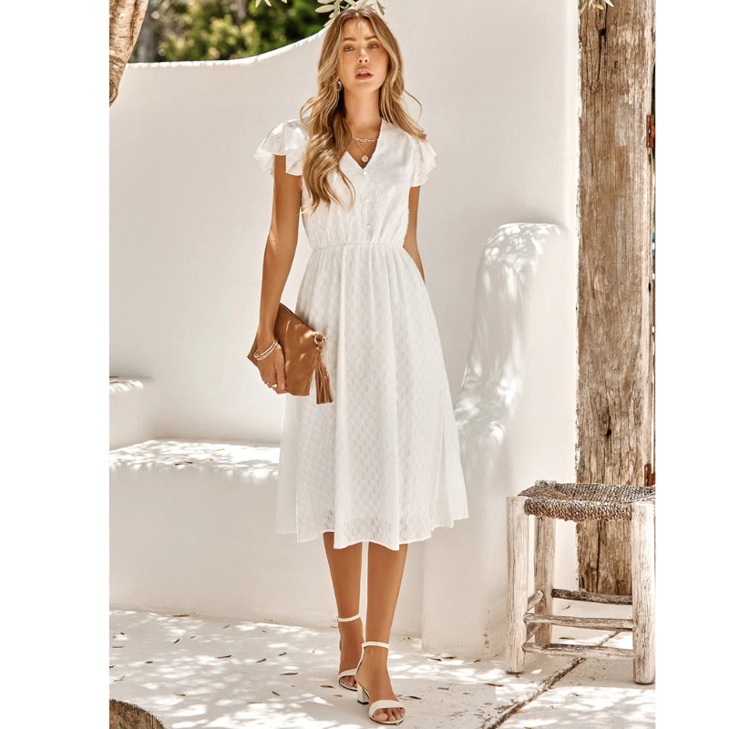 Ginevra - Zomerse midi jurk met korte mouwen en ruches dames