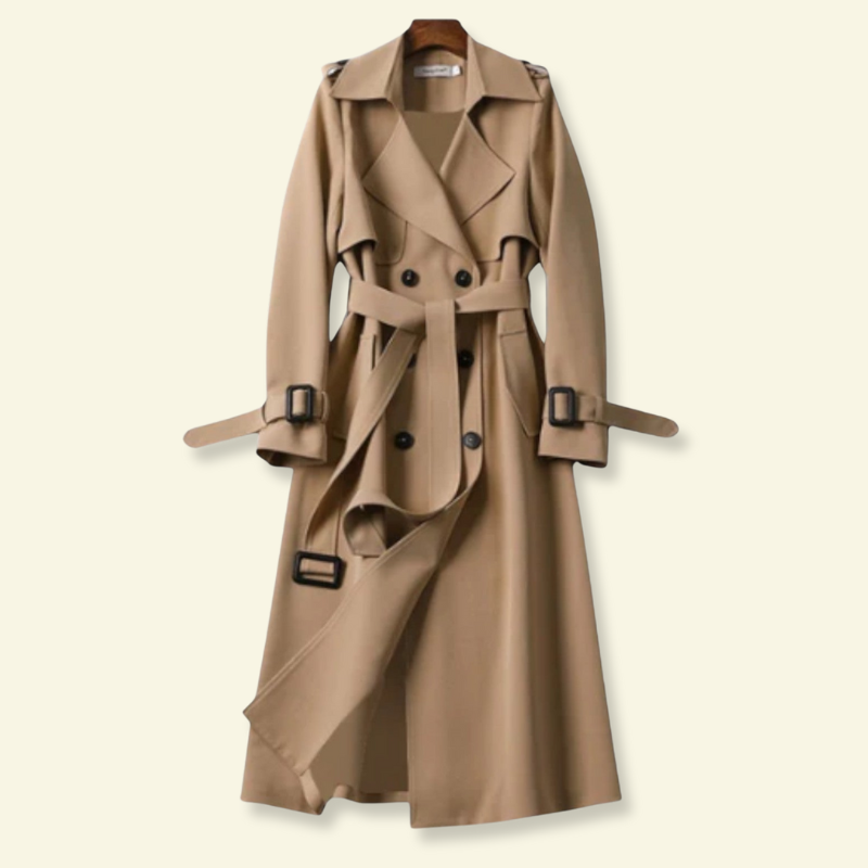 Halflange trenchcoat dames met dubbele rij knopen, ceintuur, brede reverskraag en ruimvallende pasvorm 1
