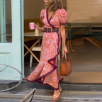 Maxi-jurk dames met korte mouwen en getailleerde taille