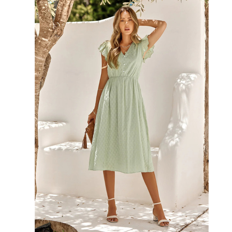 Ginevra - Zomerse midi jurk met korte mouwen en ruches dames
