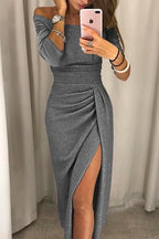 Anaelle - Midi jurk met blote schouders, geplooid detail en split aan de voorkant dames