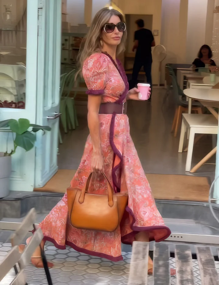 Maxi-jurk dames met korte mouwen en getailleerde taille