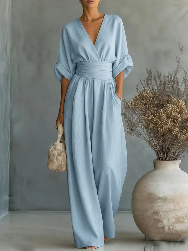 Jumpsuit dames met V-hals, wijde pijpen en korte mouwen