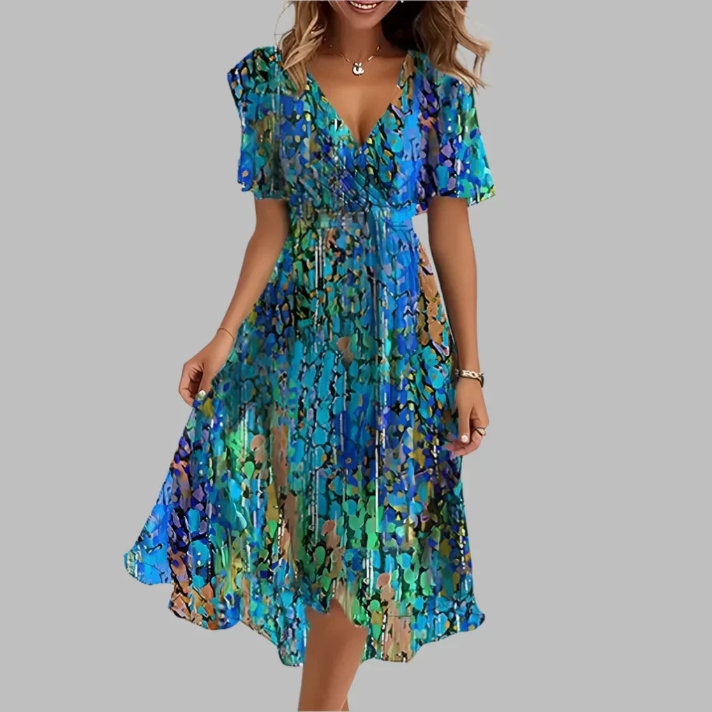 Midi zomerjurk dames met bloemenprint en korte mouwen