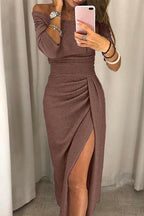 Anaelle - Midi jurk met blote schouders, geplooid detail en split aan de voorkant dames