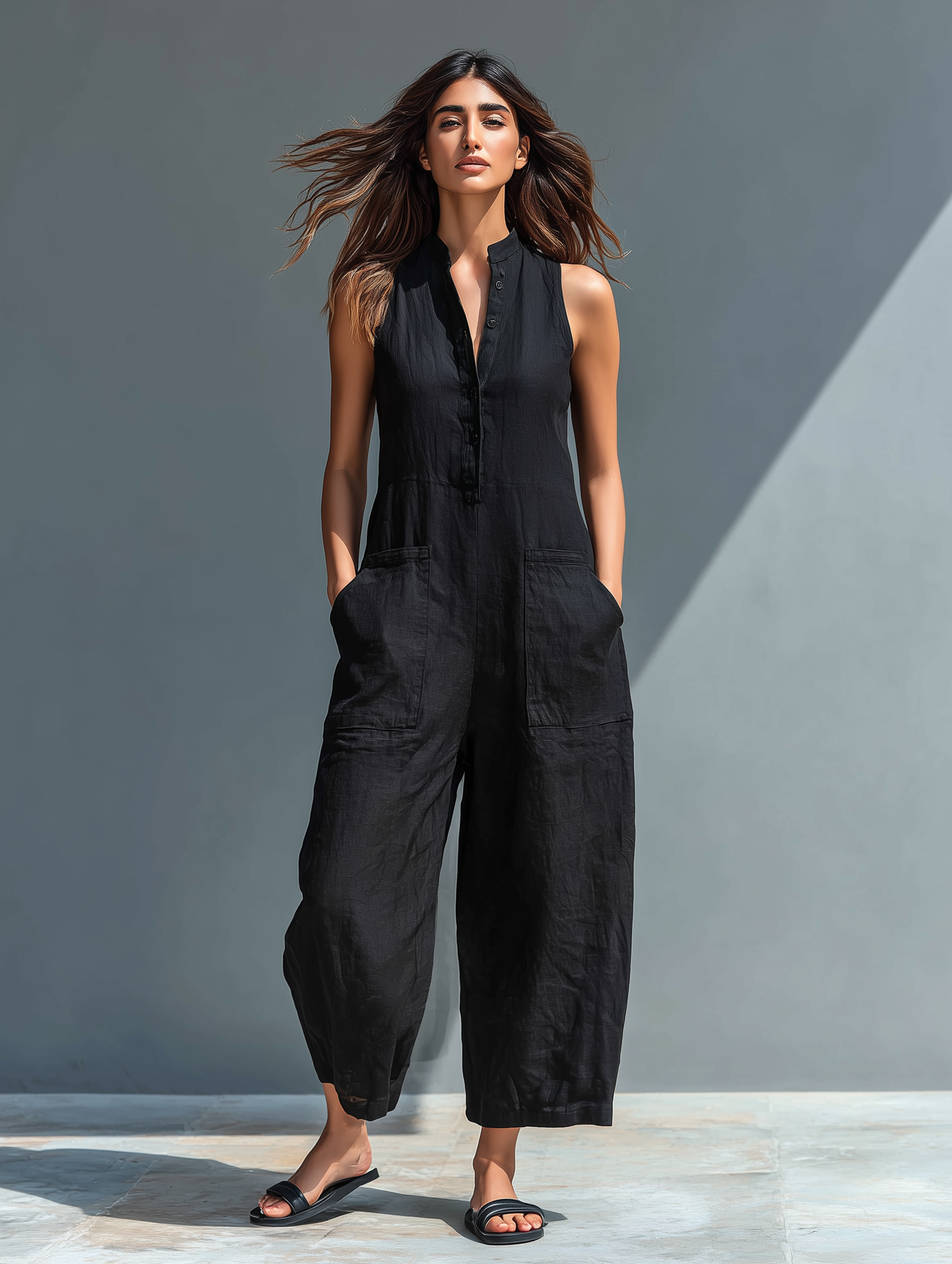 Gabrielle - Jumpsuit linnen mouwloos met opstaande kraag en knopen dames