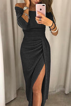 Anaelle - Midi jurk met blote schouders, geplooid detail en split aan de voorkant dames