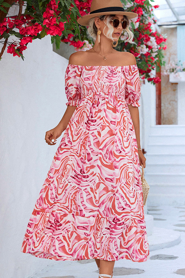 Solène - Midi jurk met off-shoulder en print dames