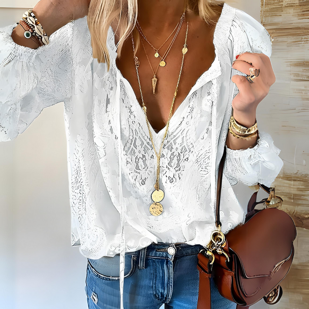Lavinia - Bohemian blouse met split hals en vintage uitstraling dames