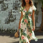 Inara - Groene midi jurk met bloemenprint dames