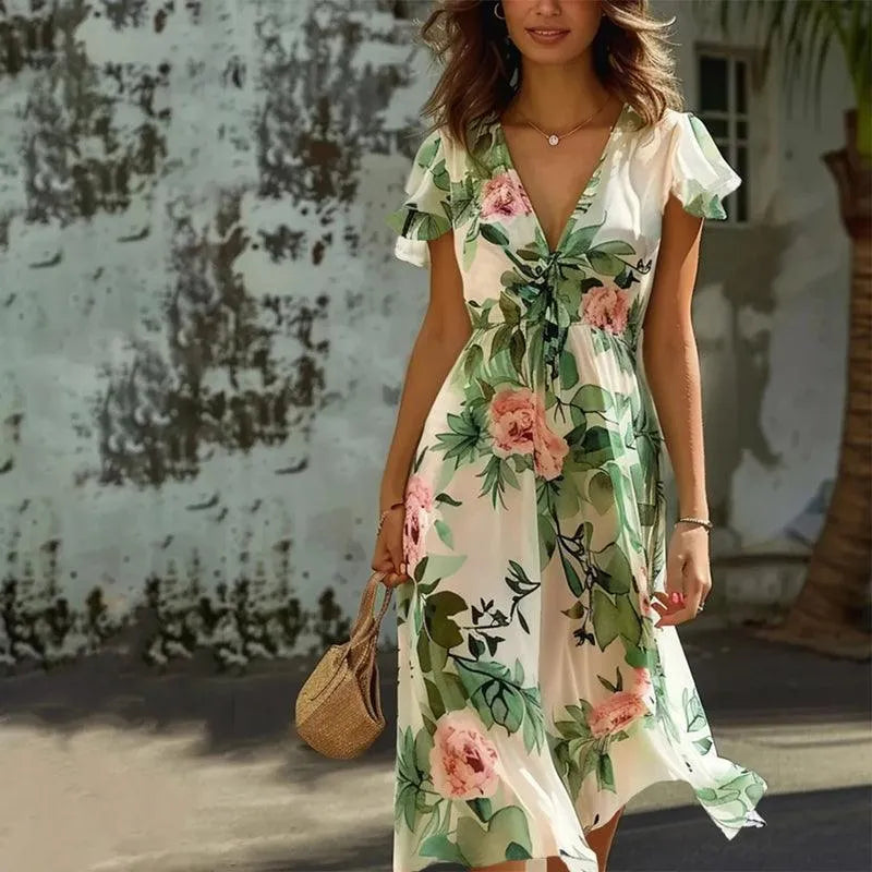 Inara - Groene midi jurk met bloemenprint dames