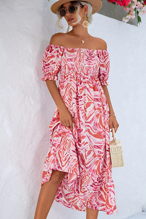 Solène - Midi jurk met off-shoulder en print dames