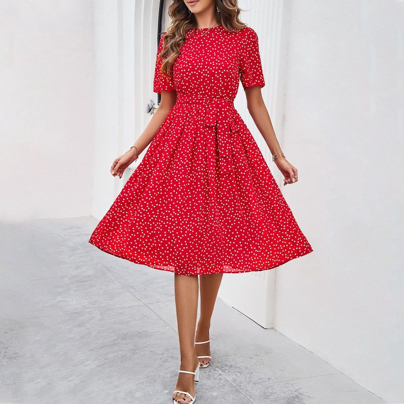 Gestipte midi jurk dames met korte mouwen en riem