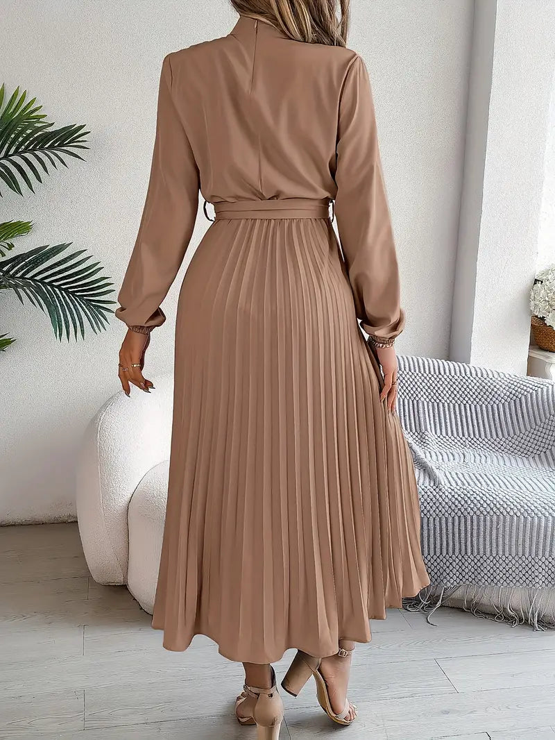 Cameline - Geplooide midi jurk met lange mouwen en ceintuur dames