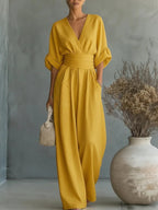 Jumpsuit dames met V-hals, wijde pijpen en korte mouwen