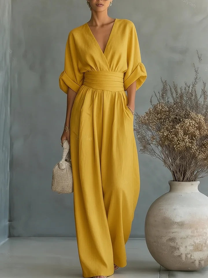 Jumpsuit dames met V-hals, wijde pijpen en korte mouwen