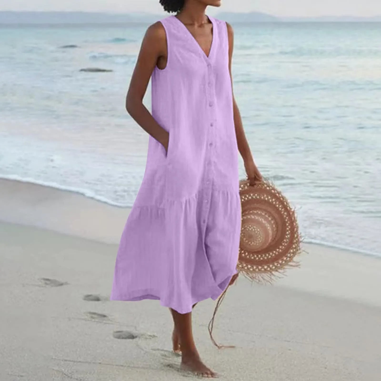 Luciana - Zomerse midi jurk met knoopsluiting dames