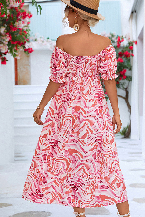 Solène - Midi jurk met off-shoulder en print dames