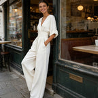 Jumpsuit dames met V-hals, wijde pijpen en korte mouwen