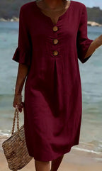 Linnen zomerjurk dames met korte mouwen, volant en knopen