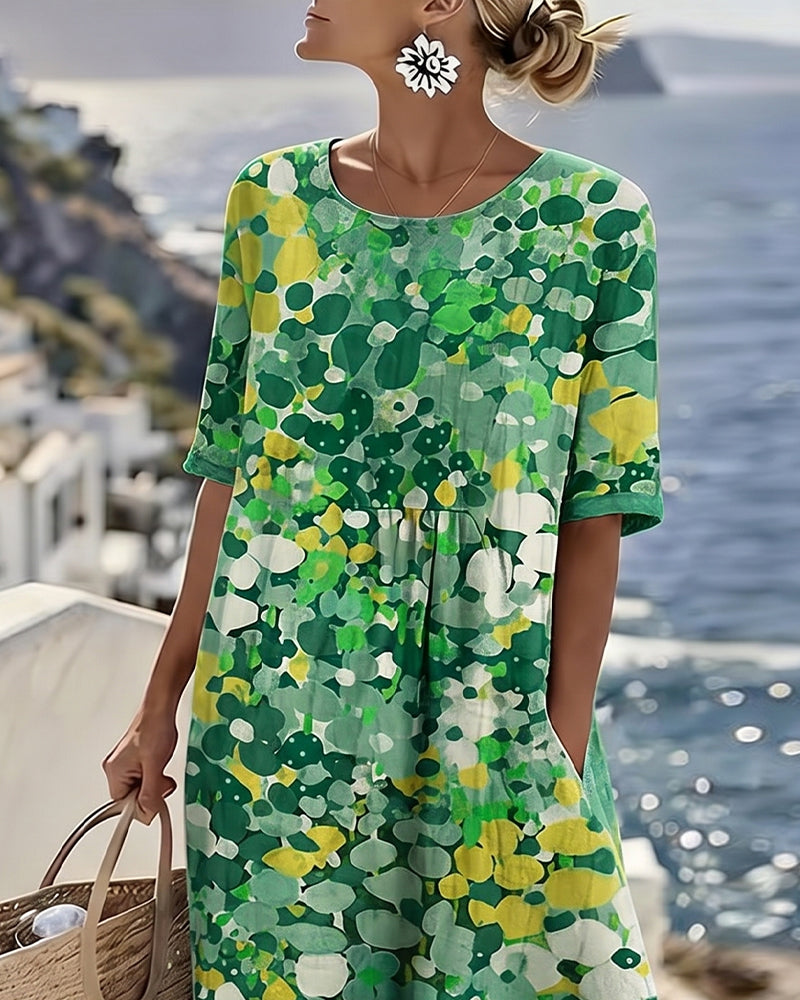 Linnen midi jurk dames met bloemenprint, korte mouwen en zakken
