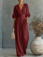 Jumpsuit dames met V-hals, wijde pijpen en korte mouwen