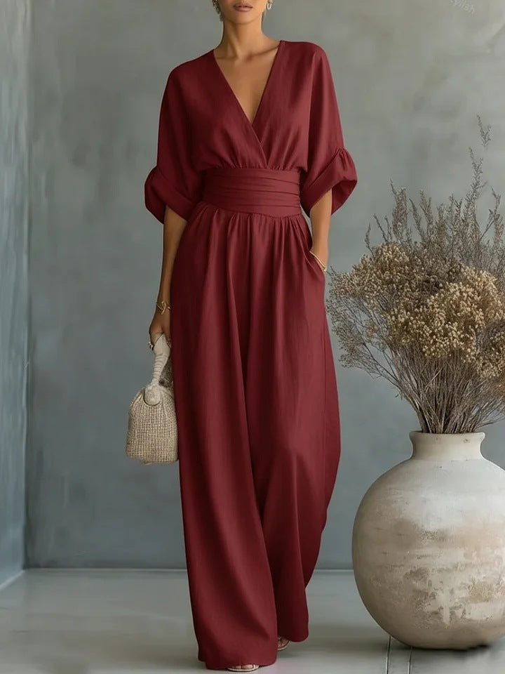 Jumpsuit dames met V-hals, wijde pijpen en korte mouwen