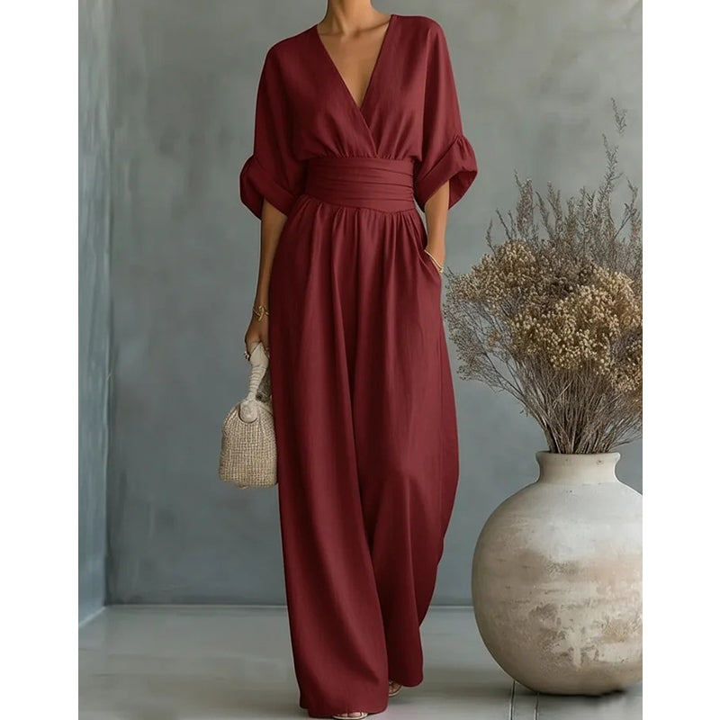Jumpsuit dames met V-hals, wijde pijpen en korte mouwen