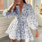 Josephine - Mini jurk met bloemenprint en lange pofmouwen en V-hals dames