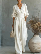 Jumpsuit dames met V-hals, wijde pijpen en korte mouwen