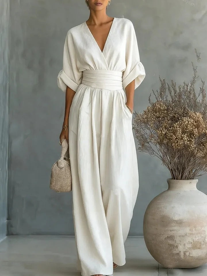 Jumpsuit dames met V-hals, wijde pijpen en korte mouwen