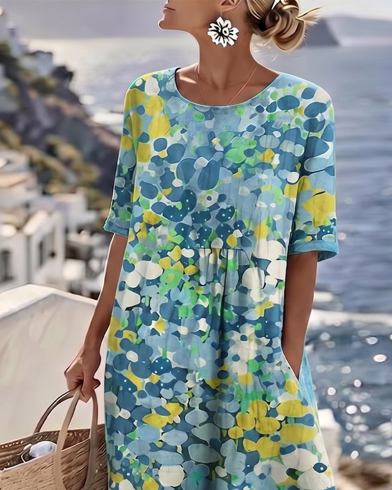 Linnen midi jurk dames met bloemenprint, korte mouwen en zakken