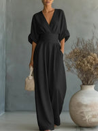 Jumpsuit dames met V-hals, wijde pijpen en korte mouwen