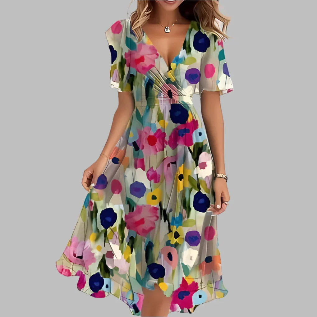 Midi zomerjurk dames met bloemenprint en korte mouwen