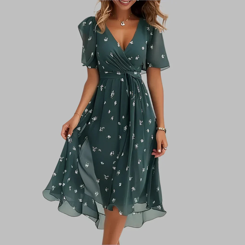 Midi zomerjurk dames met bloemenprint en korte mouwen