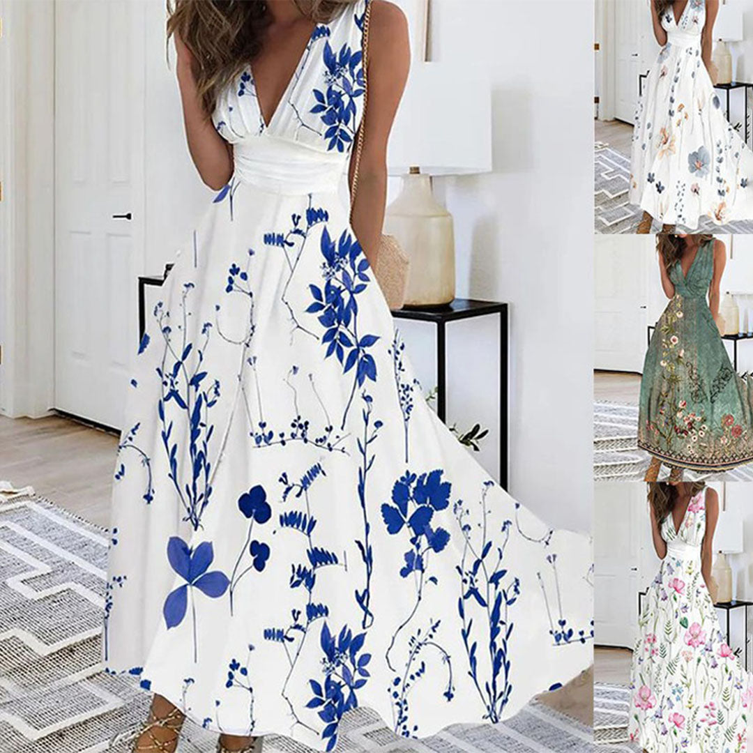 Iris - Luchtige maxi zomerjurk met diepe V-hals en bloemenprint dames