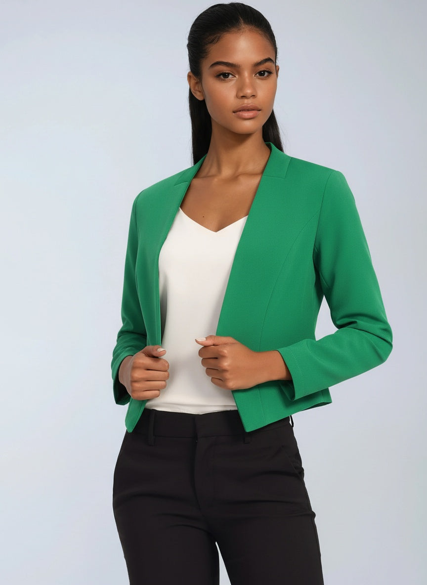 Korte blazer dames met open voorkant, asymmetrische zoom en volledige voering 2
