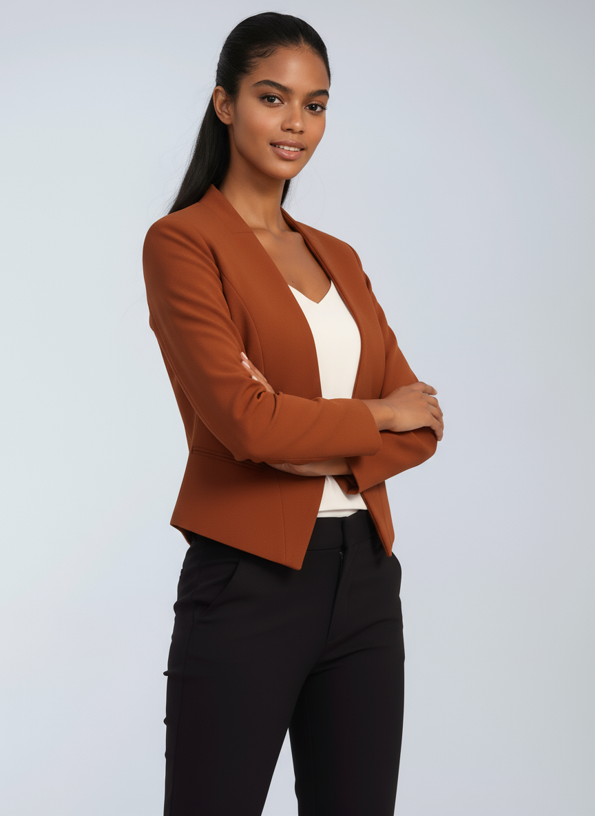 Korte blazer dames met open voorkant, asymmetrische zoom en volledige voering 8