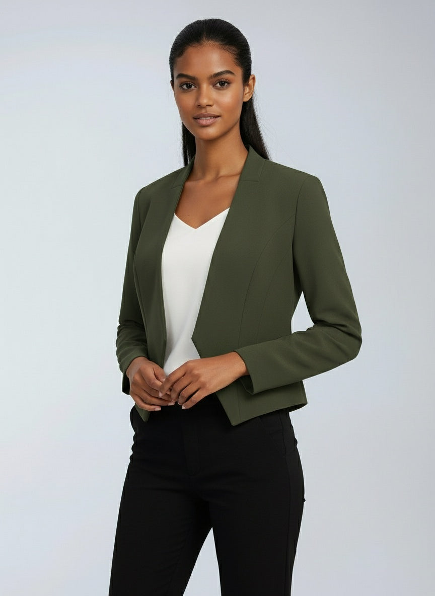 Korte blazer dames met open voorkant, asymmetrische zoom en volledige voering 12
