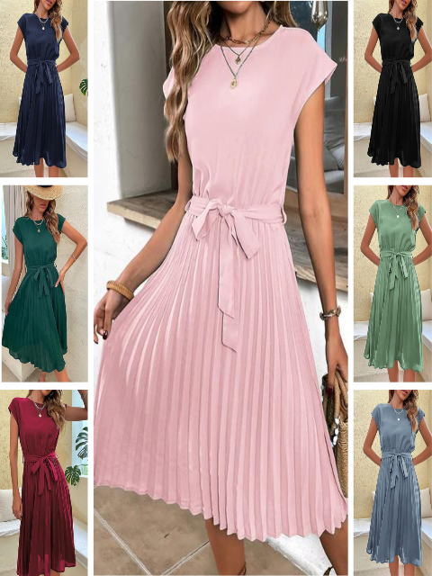 Elodie - Midi geplooide jurk met korte mouwen dames