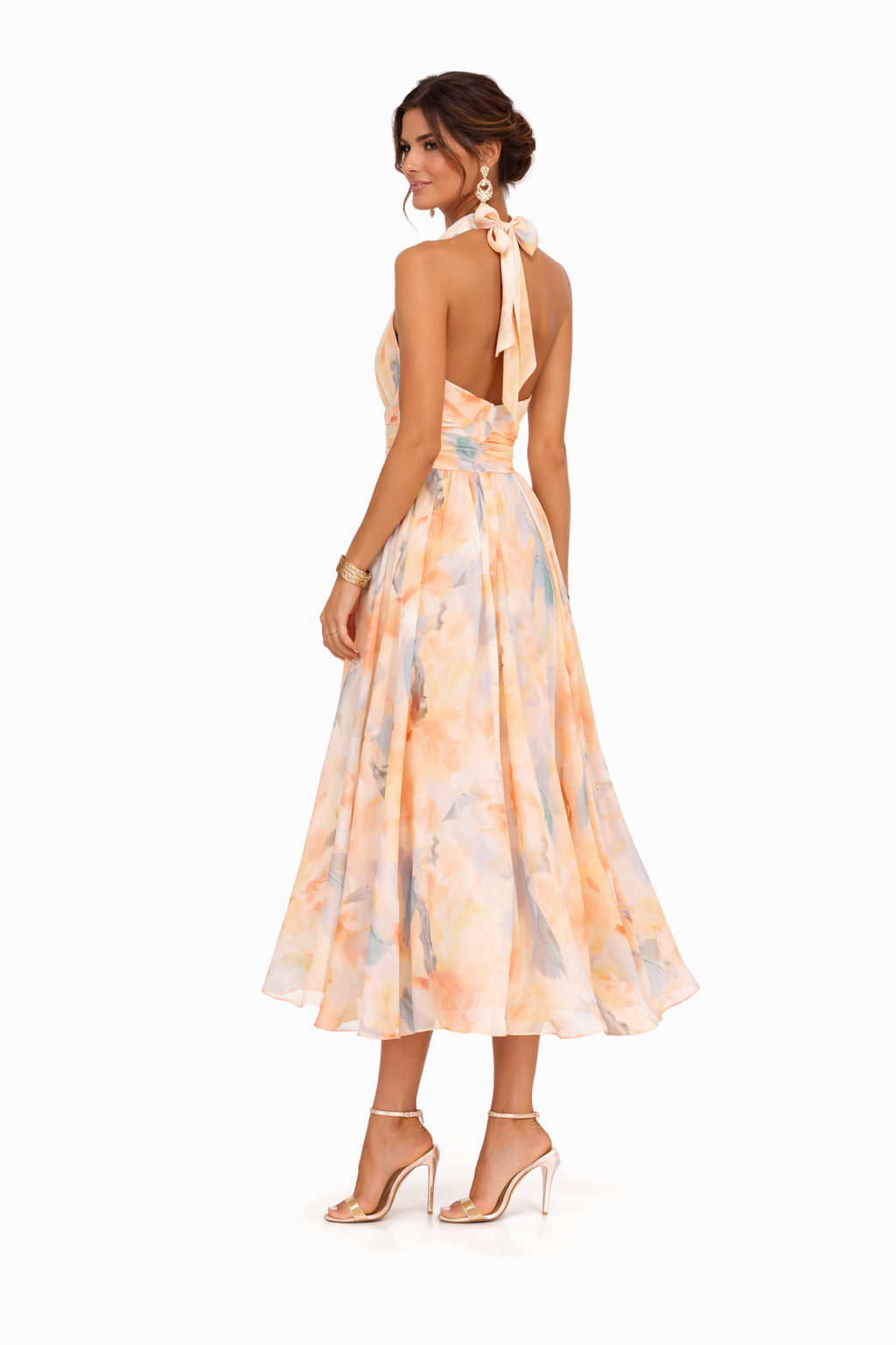 Flavie - Perzikkleurige bloemen maxi jurk met halternek voor bruiloftsgasten dames