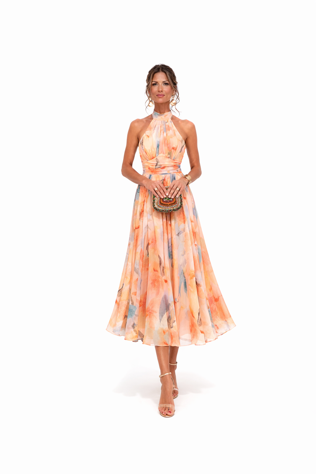 Flavie - Perzikkleurige bloemen maxi jurk met halternek voor bruiloftsgasten dames