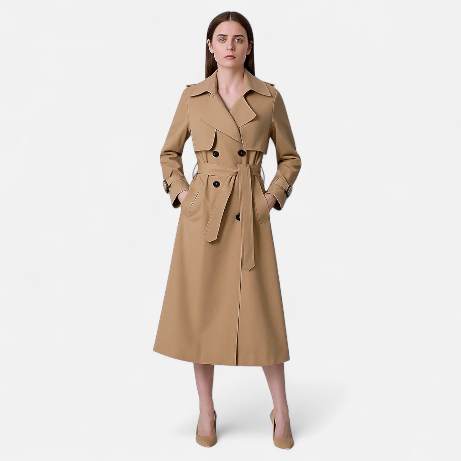 Halflange trenchcoat dames met dubbele rij knopen, ceintuur, brede reverskraag en ruimvallende pasvorm 2