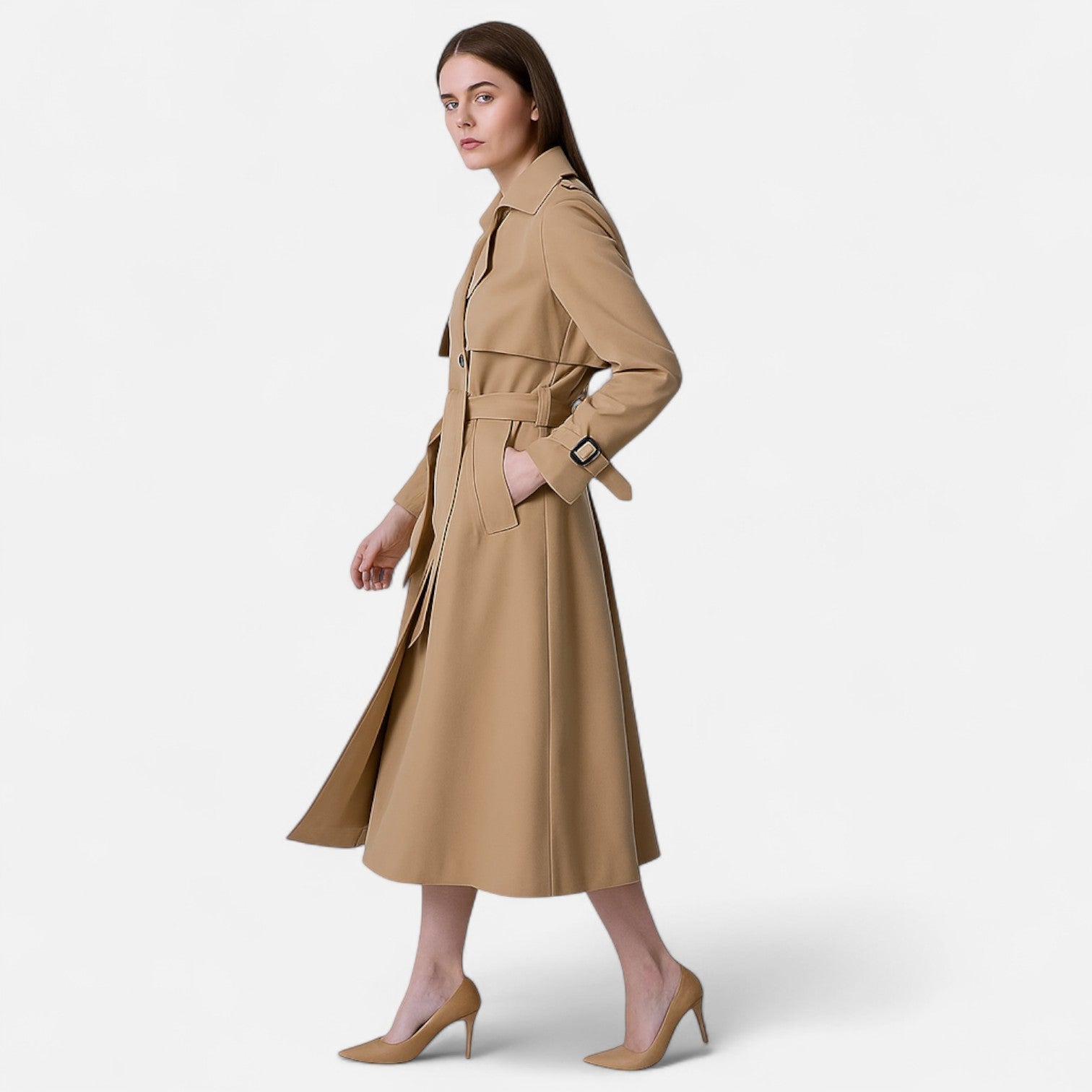 Halflange trenchcoat dames met dubbele rij knopen, ceintuur, brede reverskraag en ruimvallende pasvorm 3