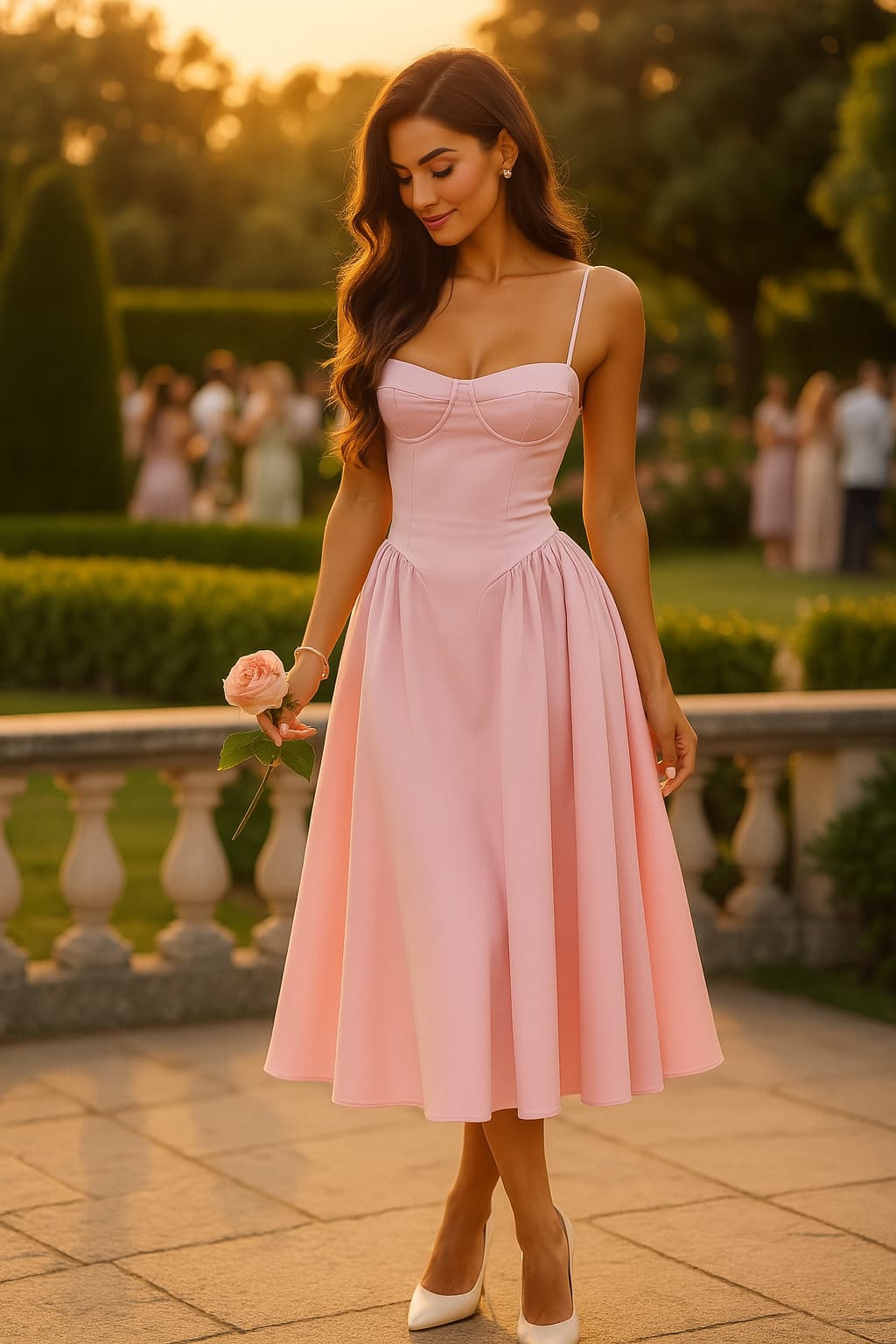 Clemelle - Roze midi jurk met corset en A-lijn pasvorm dames