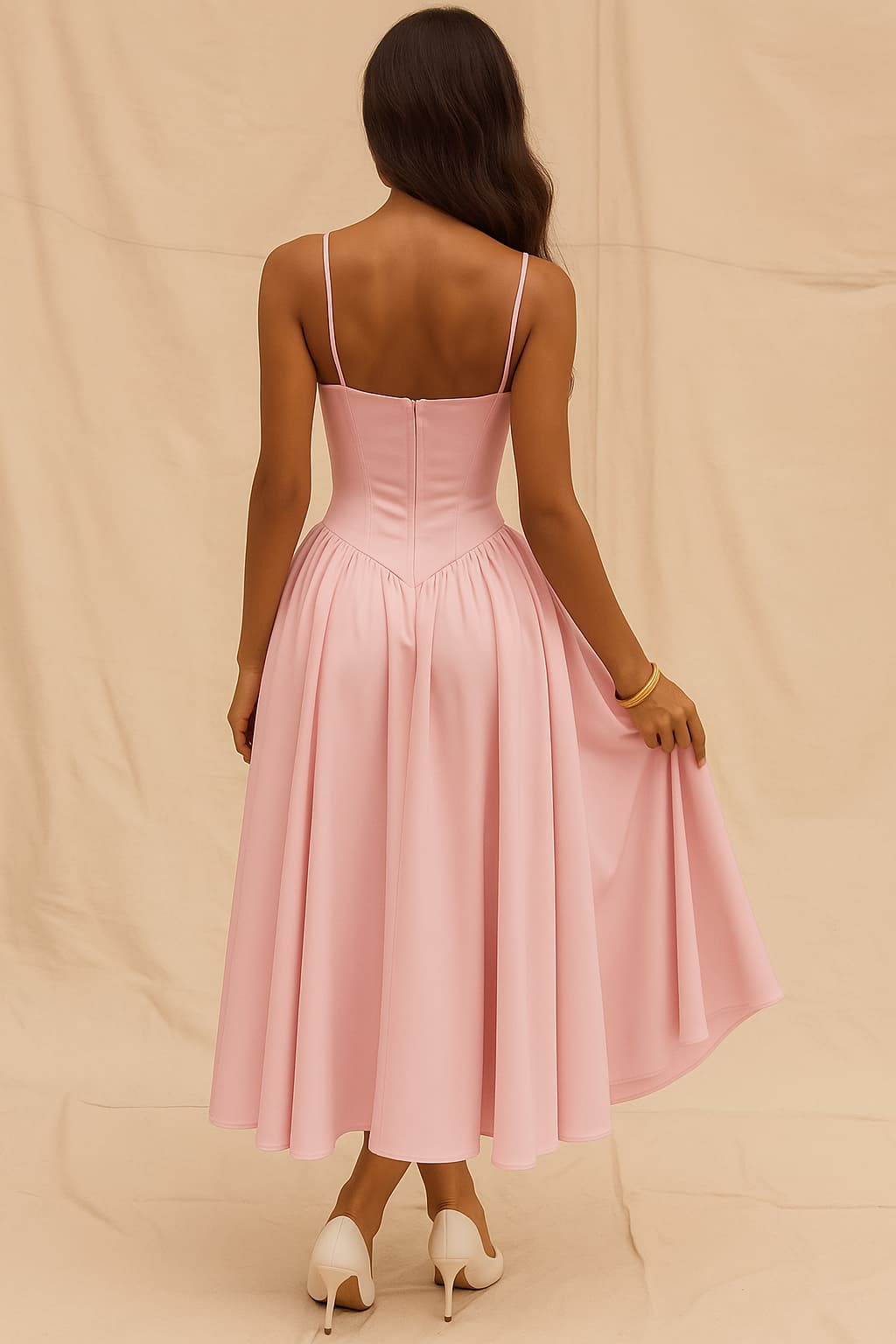 Clemelle - Roze midi jurk met corset en A-lijn pasvorm dames