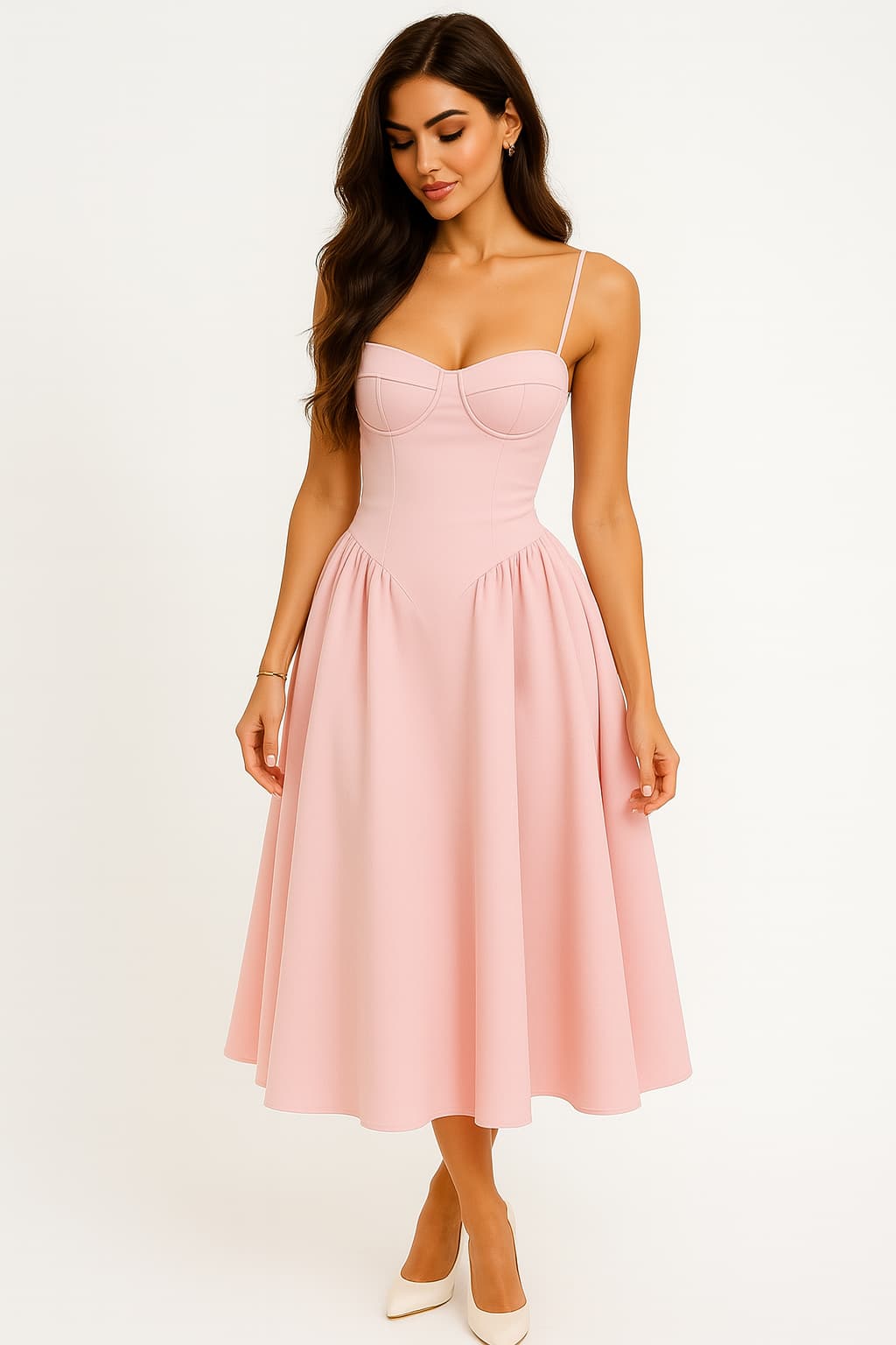 Clemelle - Roze midi jurk met corset en A-lijn pasvorm dames
