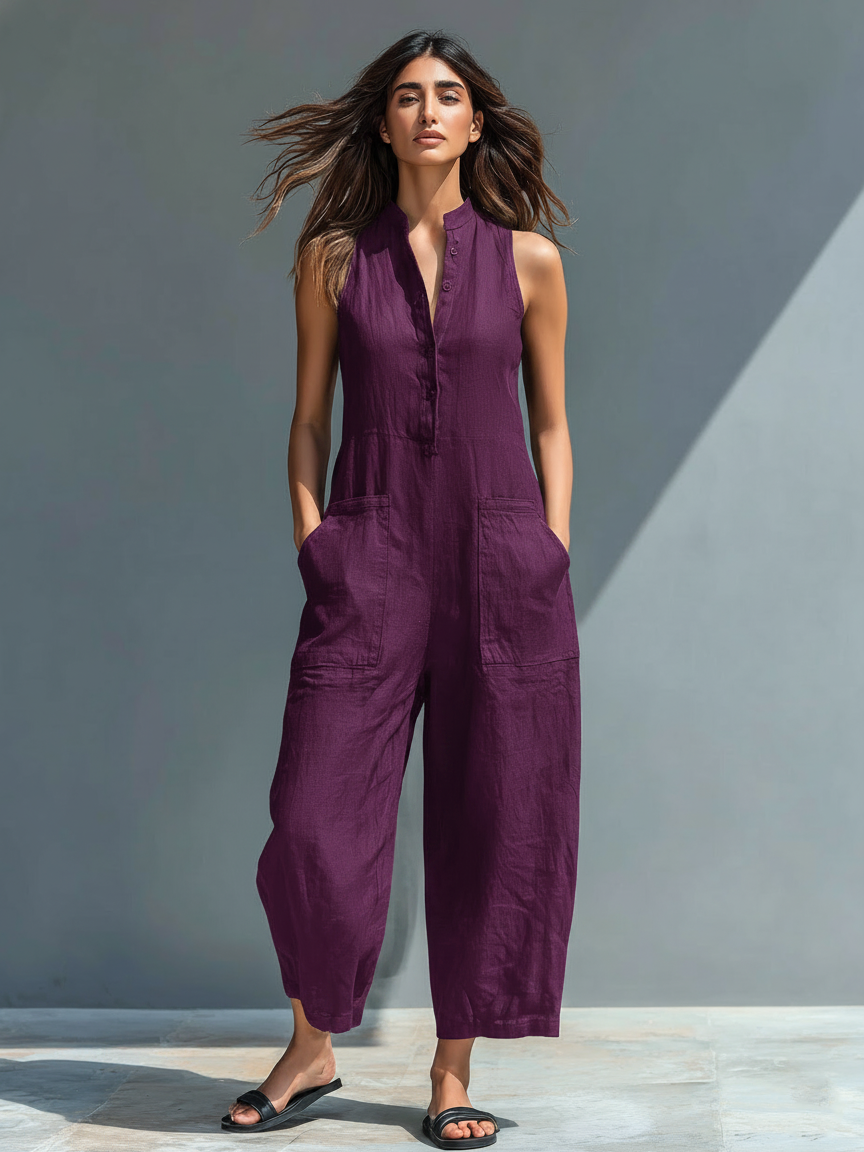 Gabrielle - Jumpsuit linnen mouwloos met opstaande kraag en knopen dames