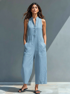 Gabrielle - Jumpsuit linnen mouwloos met opstaande kraag en knopen dames